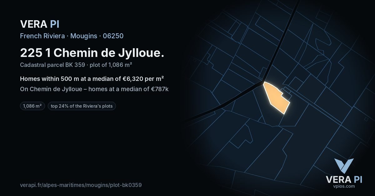 225 1 Chemin de Jylloue, Mougins at night – the plot lit, the parcels around coloured by the prices near them