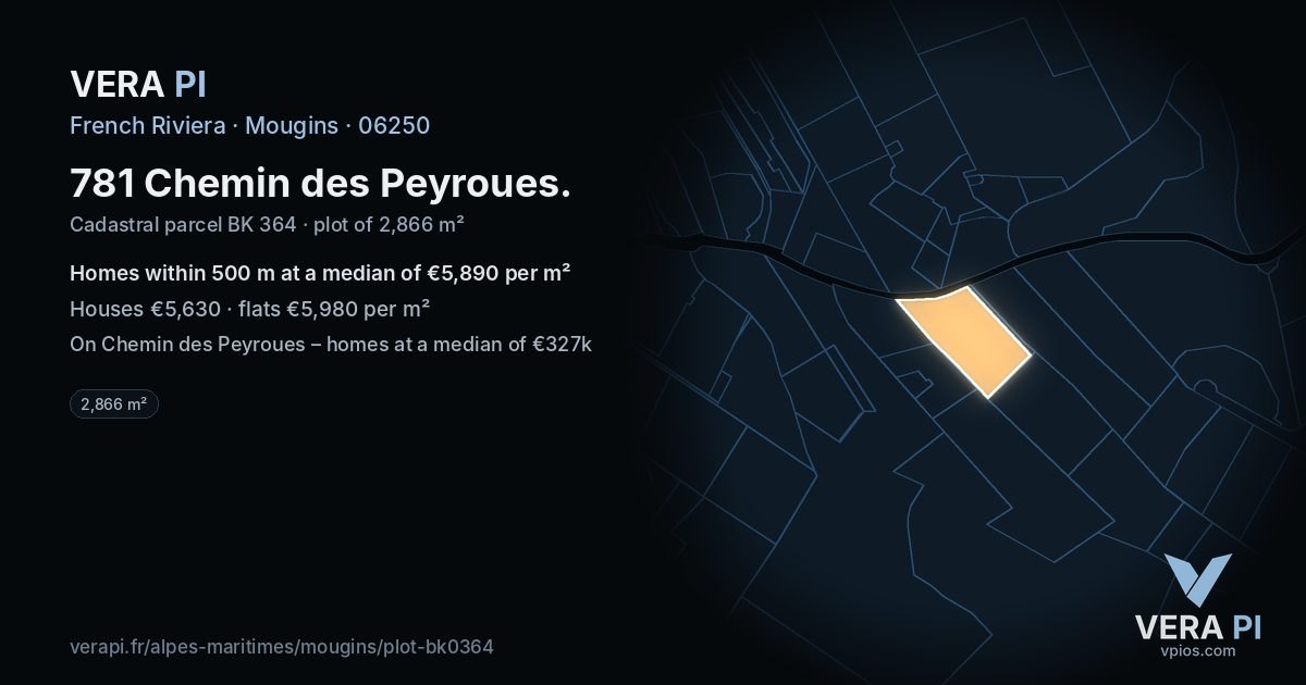 781 Chemin des Peyroues, Mougins at night – the plot lit, the parcels around coloured by the prices near them