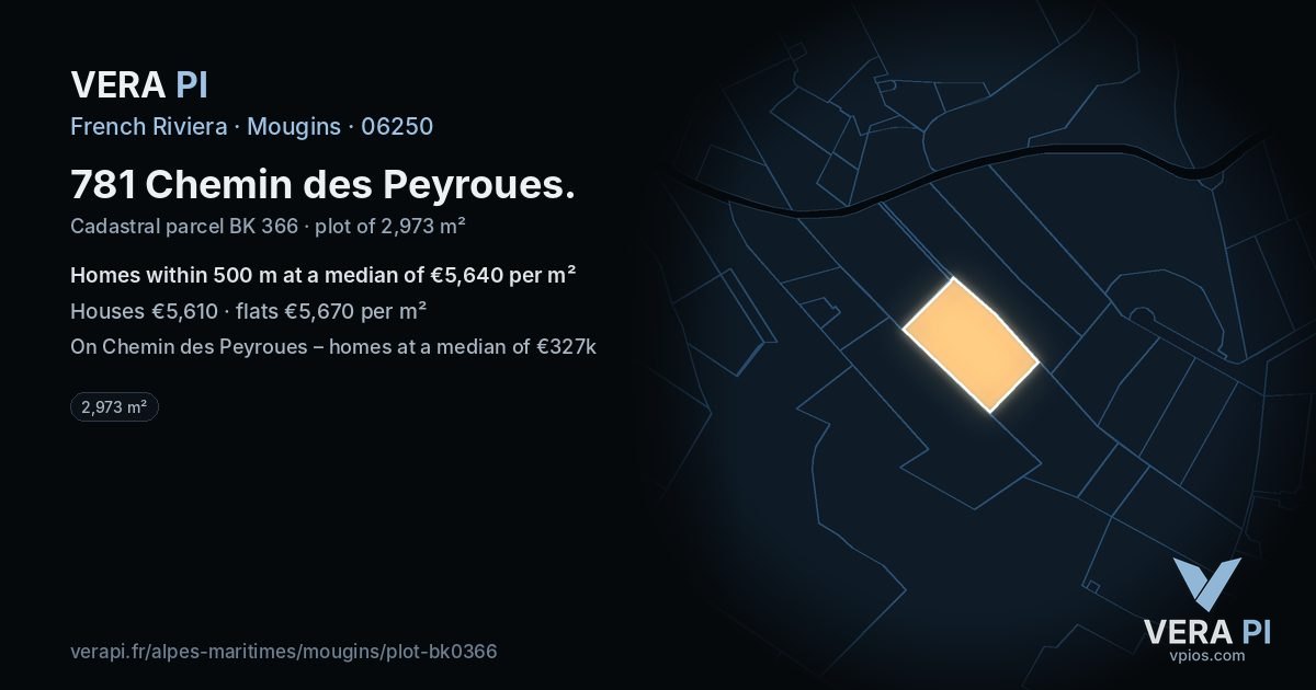 781 Chemin des Peyroues, Mougins at night – the plot lit, the parcels around coloured by the prices near them