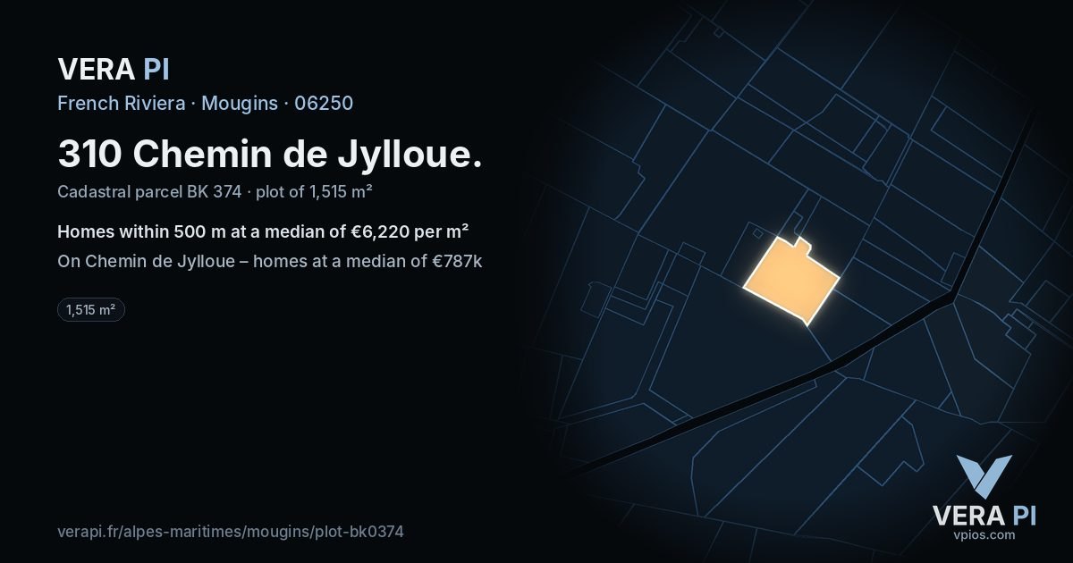 310 Chemin de Jylloue, Mougins at night – the plot lit, the parcels around coloured by the prices near them