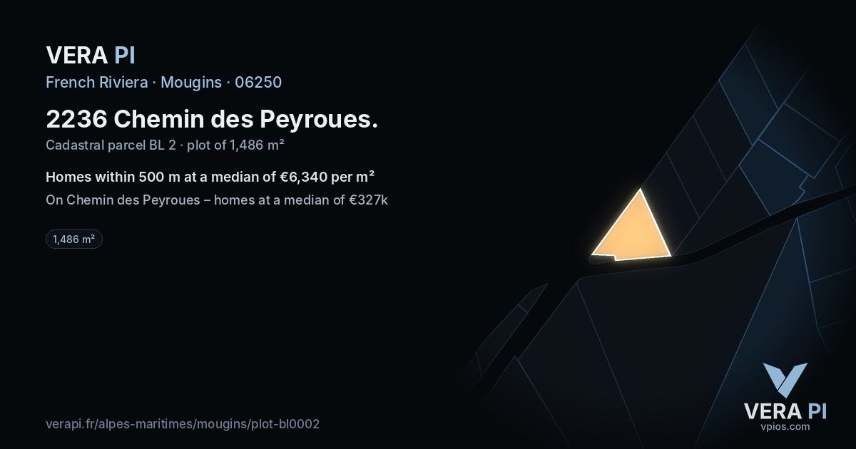 2236 Chemin des Peyroues, Mougins at night – the plot lit, the parcels around coloured by the prices near them
