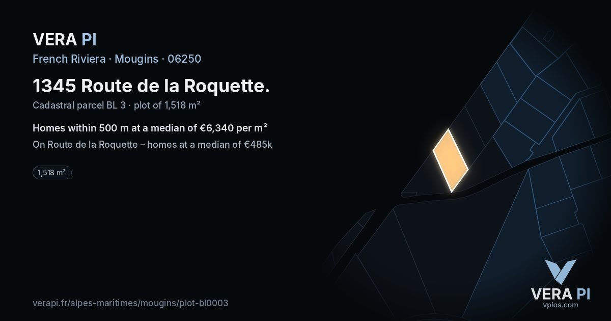 1345 Route de la Roquette, Mougins at night – the plot lit, the parcels around coloured by the prices near them