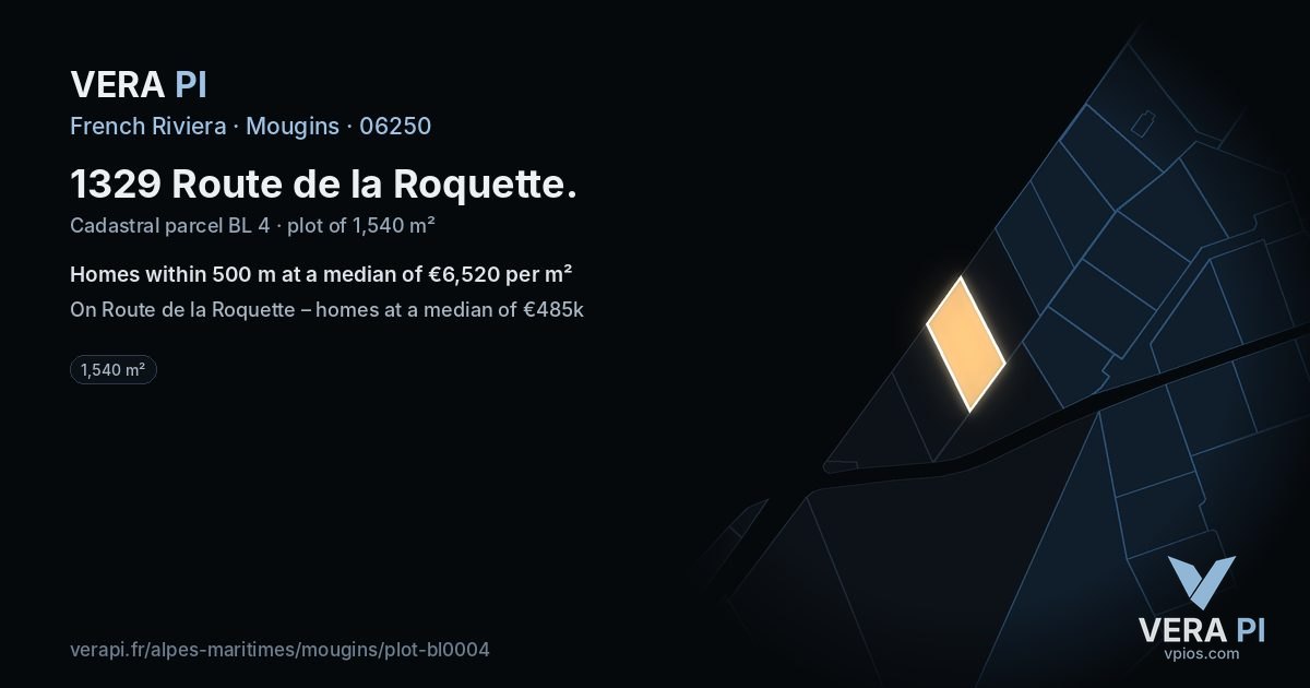 1329 Route de la Roquette, Mougins at night – the plot lit, the parcels around coloured by the prices near them