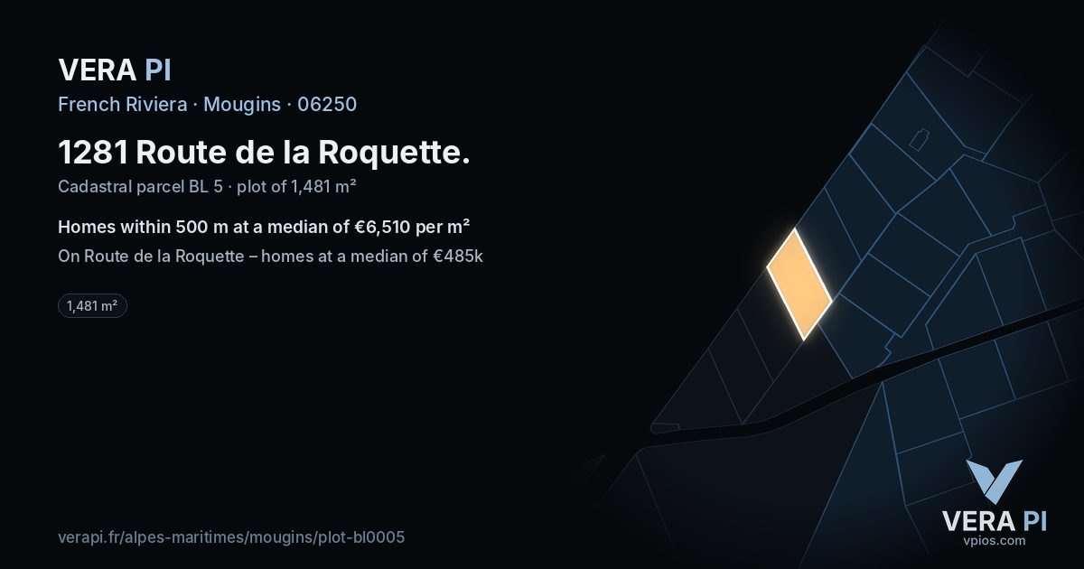 1281 Route de la Roquette, Mougins at night – the plot lit, the parcels around coloured by the prices near them