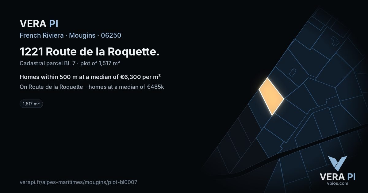1221 Route de la Roquette, Mougins at night – the plot lit, the parcels around coloured by the prices near them