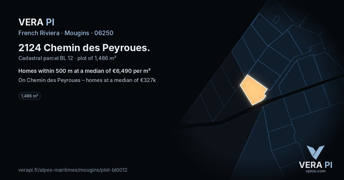 2124 Chemin des Peyroues, Mougins at night – the plot lit, the parcels around coloured by the prices near them