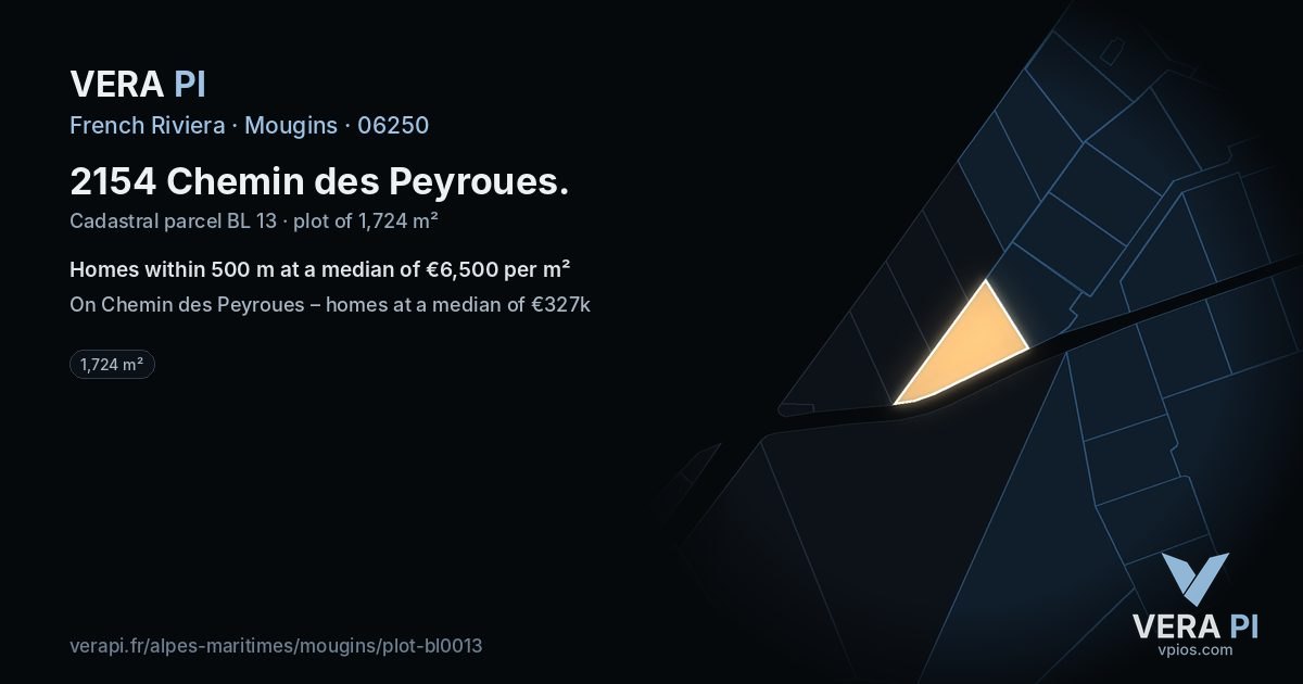 2154 Chemin des Peyroues, Mougins at night – the plot lit, the parcels around coloured by the prices near them