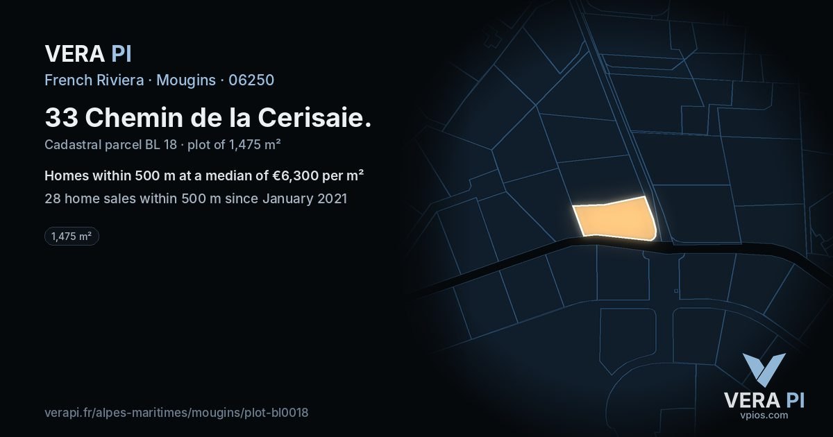 33 Chemin de la Cerisaie, Mougins at night – the plot lit, the parcels around coloured by the prices near them