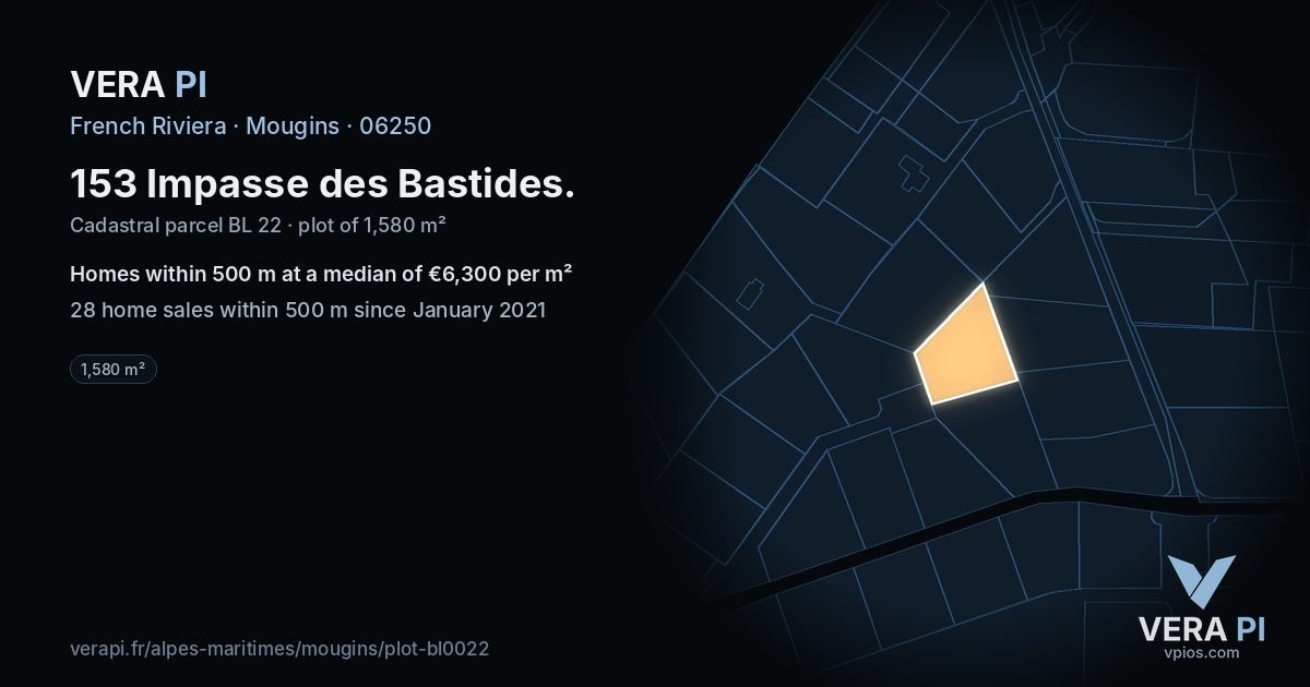 153 Impasse des Bastides, Mougins at night – the plot lit, the parcels around coloured by the prices near them