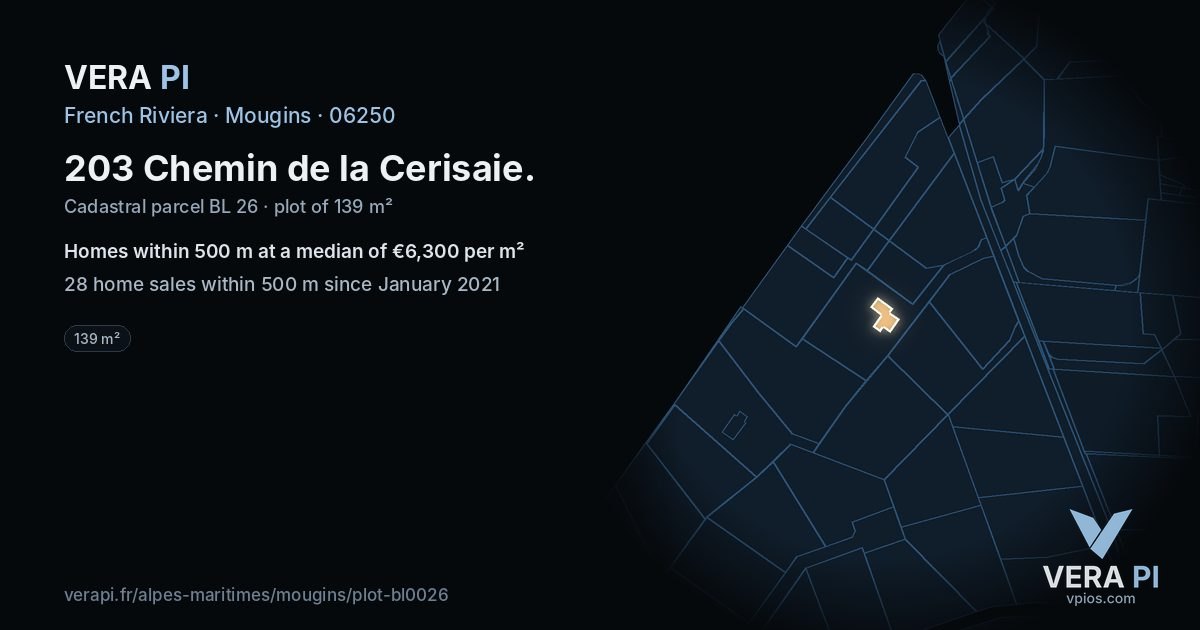 203 Chemin de la Cerisaie, Mougins at night – the plot lit, the parcels around coloured by the prices near them