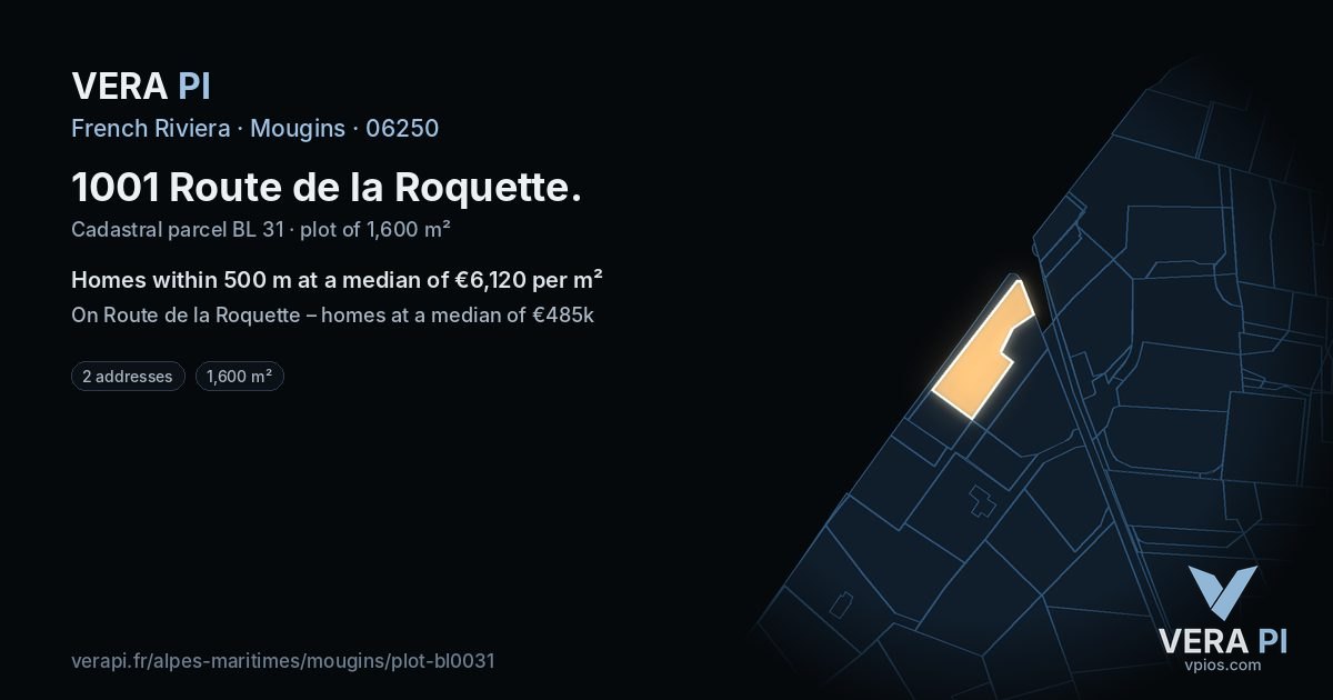 1001 Route de la Roquette, Mougins at night – the plot lit, the parcels around coloured by the prices near them
