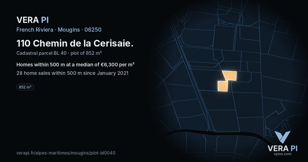 110 Chemin de la Cerisaie, Mougins at night – the plot lit, the parcels around coloured by the prices near them