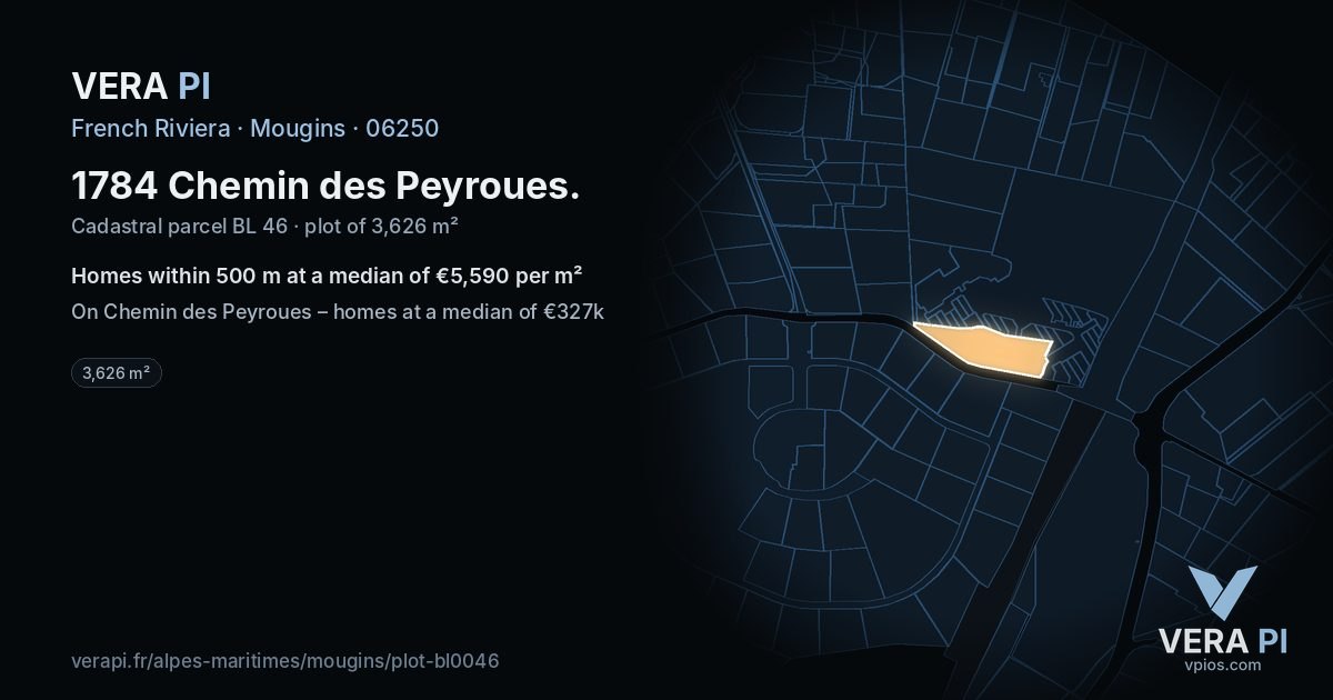 1784 Chemin des Peyroues, Mougins at night – the plot lit, the parcels around coloured by the prices near them