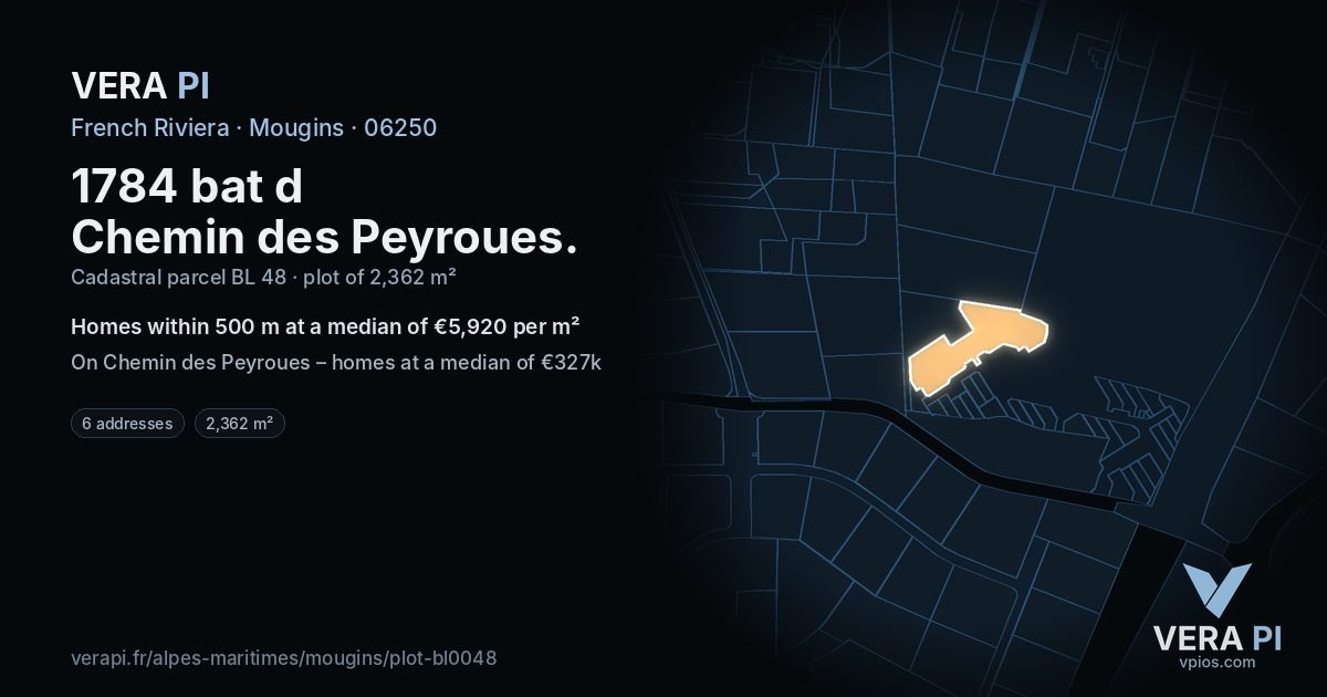 1784 bat d Chemin des Peyroues, Mougins at night – the plot lit, the parcels around coloured by the prices near them