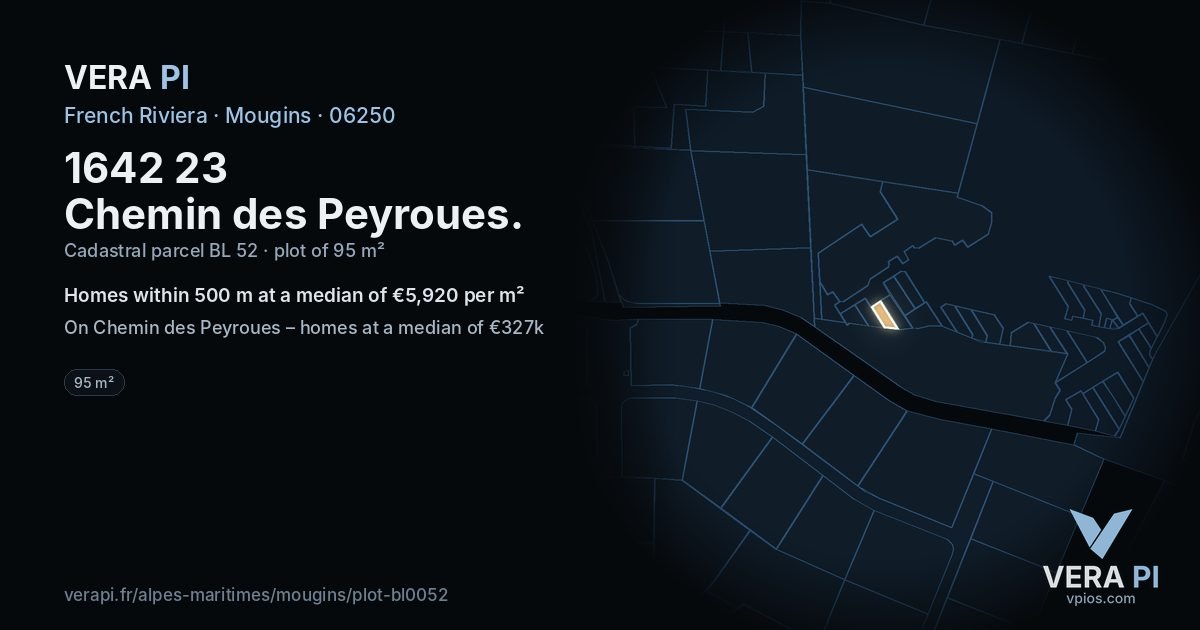 1642 23 Chemin des Peyroues, Mougins at night – the plot lit, the parcels around coloured by the prices near them