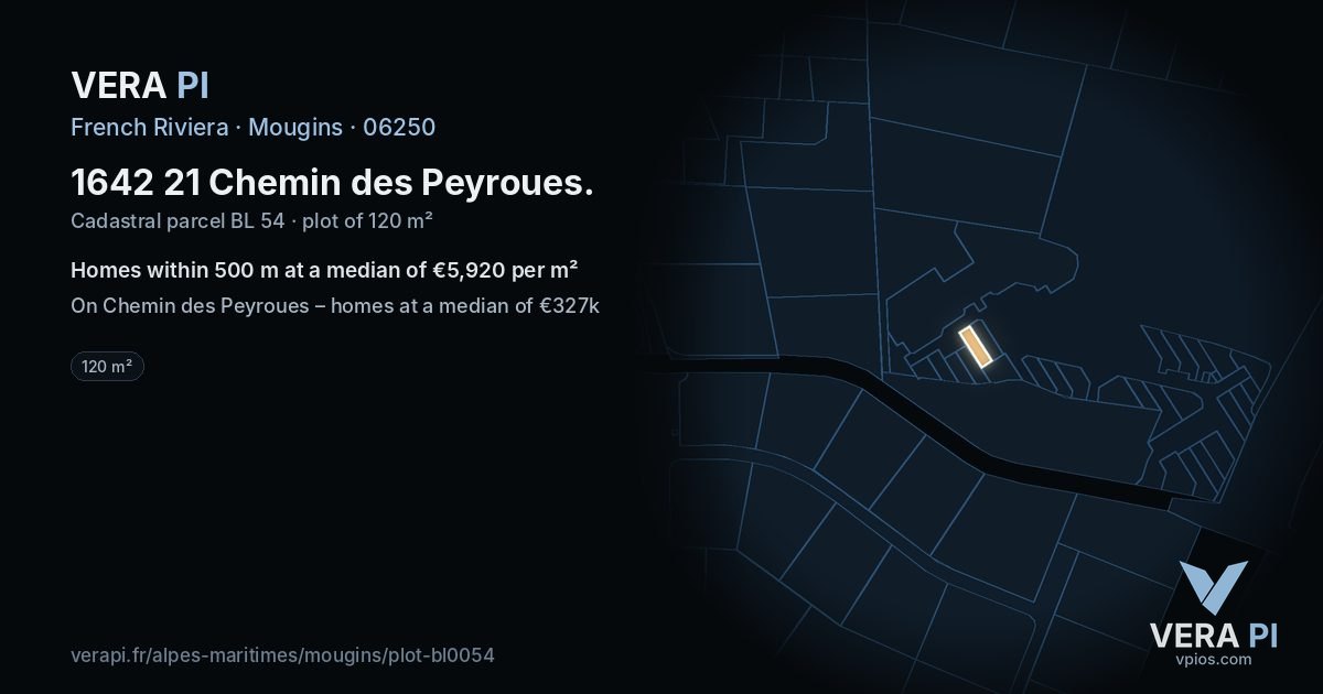 1642 21 Chemin des Peyroues, Mougins at night – the plot lit, the parcels around coloured by the prices near them