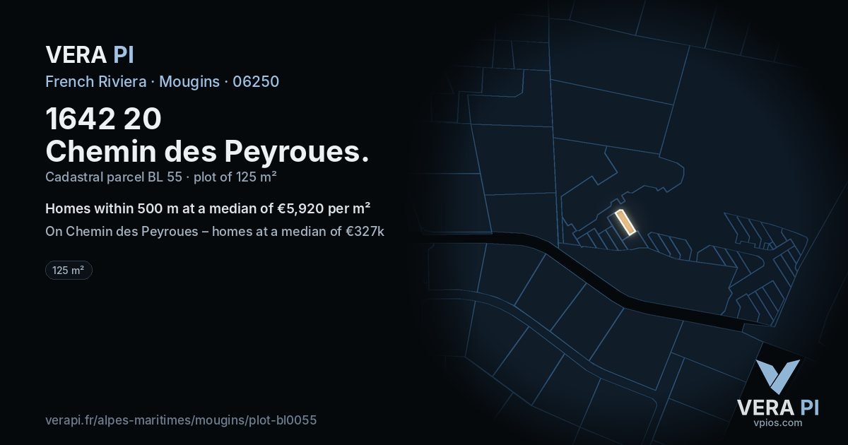1642 20 Chemin des Peyroues, Mougins at night – the plot lit, the parcels around coloured by the prices near them