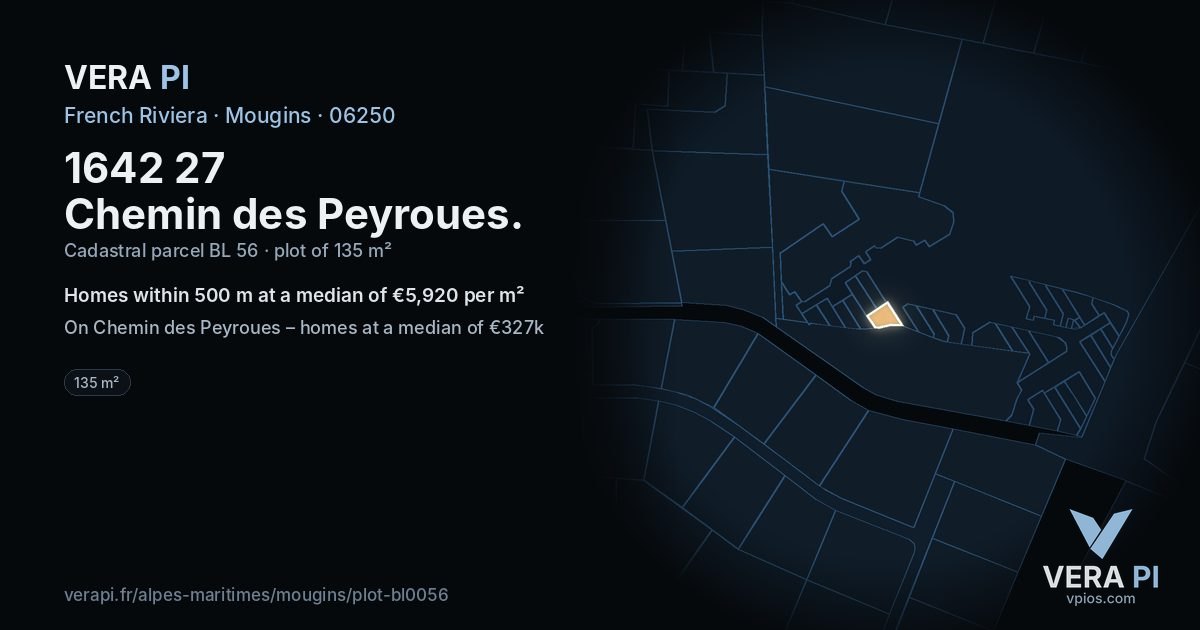 1642 27 Chemin des Peyroues, Mougins at night – the plot lit, the parcels around coloured by the prices near them
