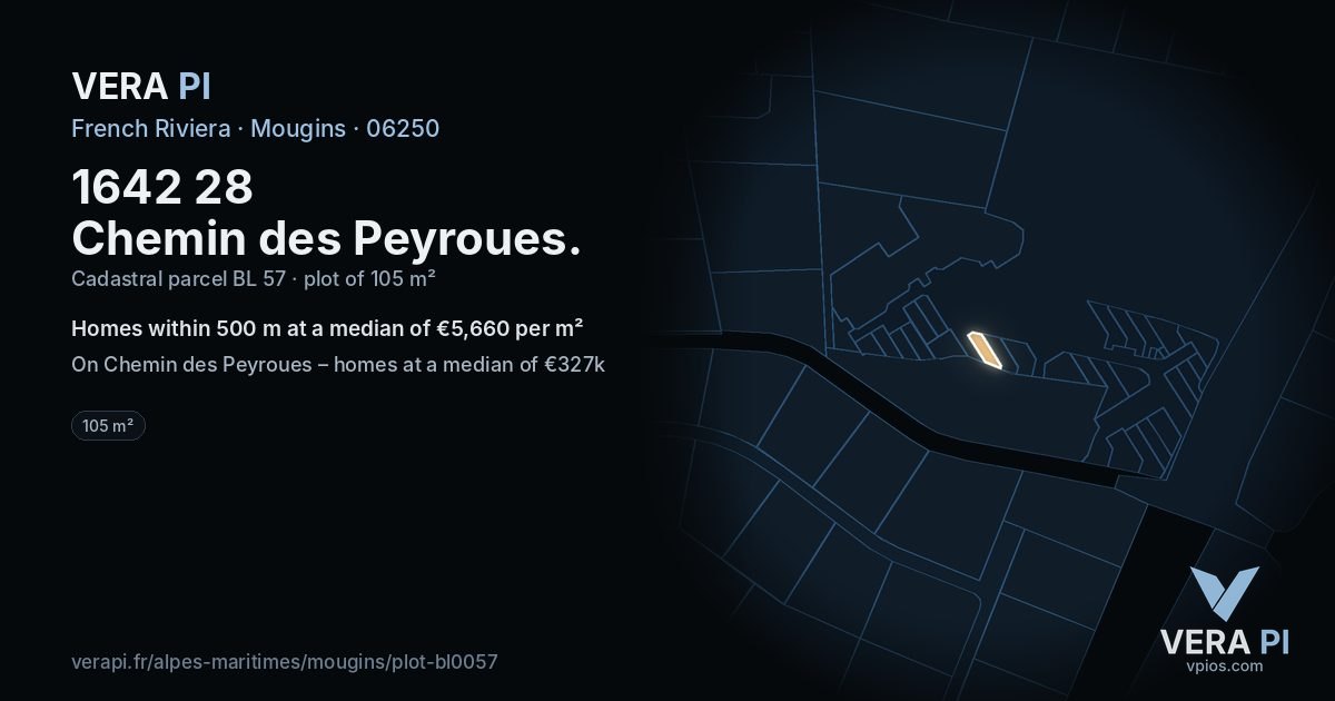 1642 28 Chemin des Peyroues, Mougins at night – the plot lit, the parcels around coloured by the prices near them