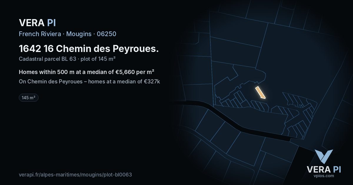 1642 16 Chemin des Peyroues, Mougins at night – the plot lit, the parcels around coloured by the prices near them