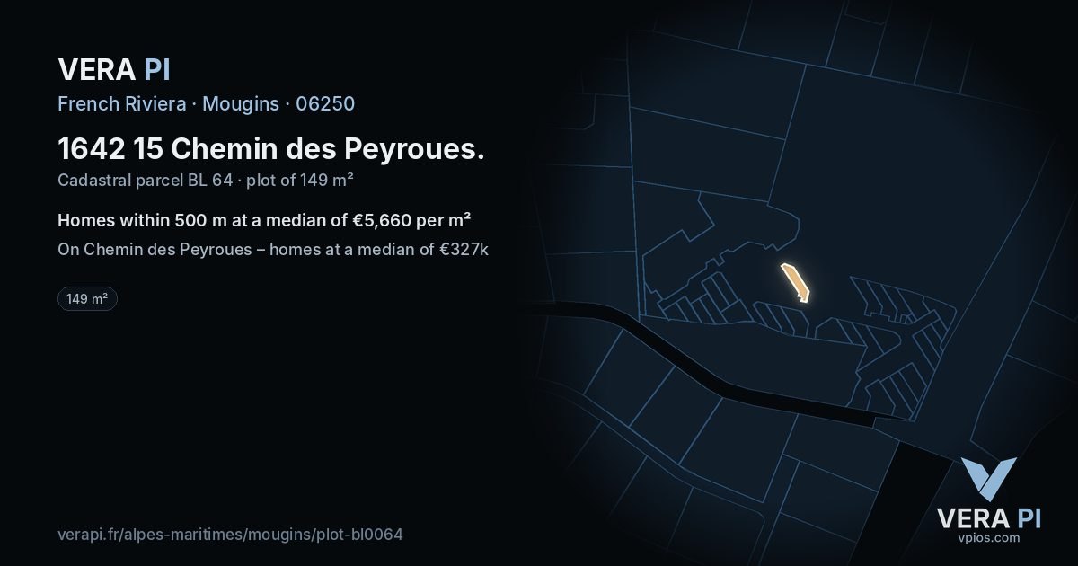 1642 15 Chemin des Peyroues, Mougins at night – the plot lit, the parcels around coloured by the prices near them