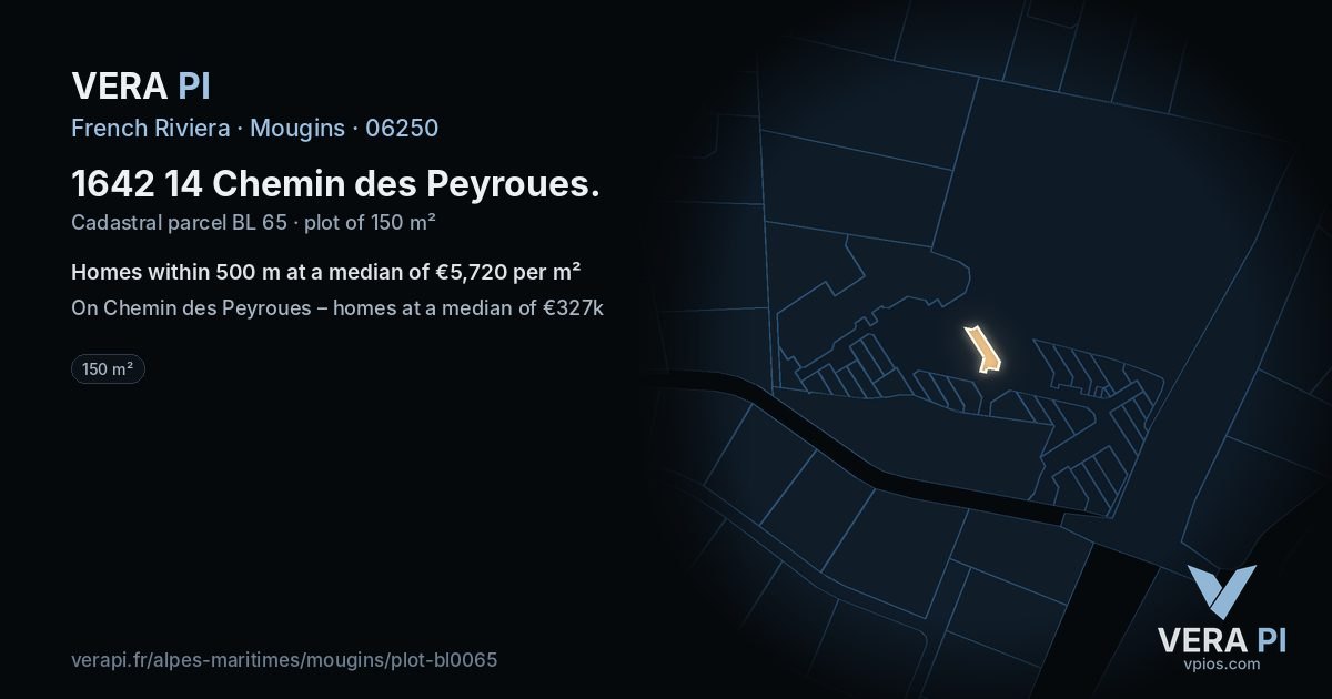 1642 14 Chemin des Peyroues, Mougins at night – the plot lit, the parcels around coloured by the prices near them