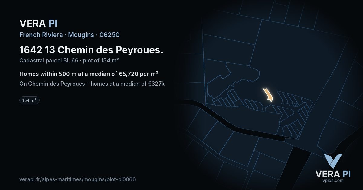 1642 13 Chemin des Peyroues, Mougins at night – the plot lit, the parcels around coloured by the prices near them