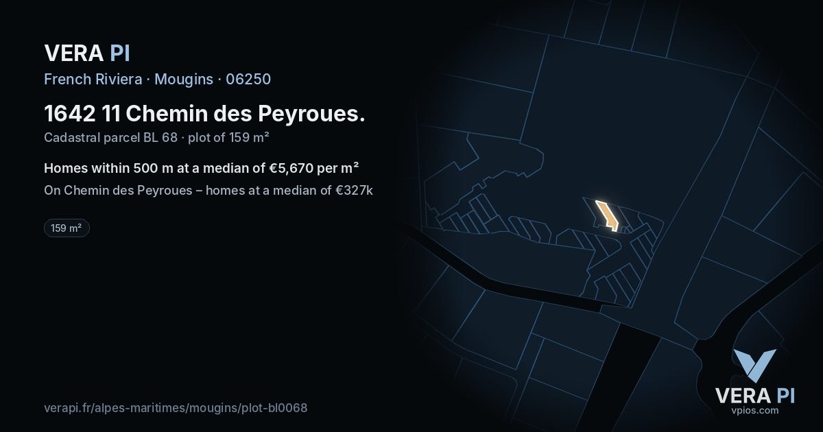 1642 11 Chemin des Peyroues, Mougins at night – the plot lit, the parcels around coloured by the prices near them