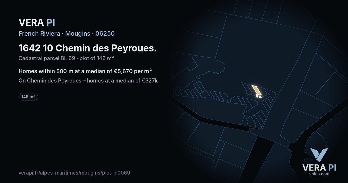 1642 10 Chemin des Peyroues, Mougins at night – the plot lit, the parcels around coloured by the prices near them