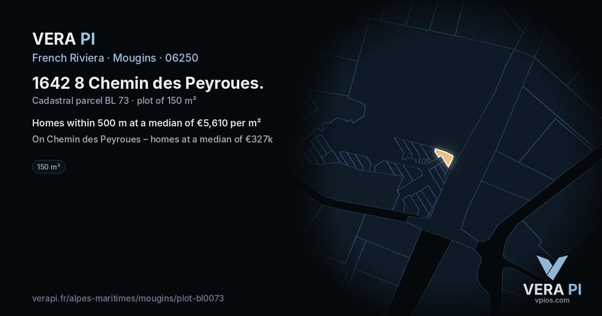 1642 8 Chemin des Peyroues, Mougins at night – the plot lit, the parcels around coloured by the prices near them