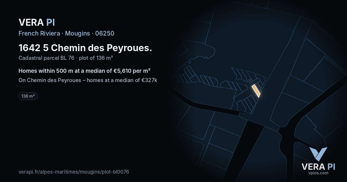 1642 5 Chemin des Peyroues, Mougins at night – the plot lit, the parcels around coloured by the prices near them