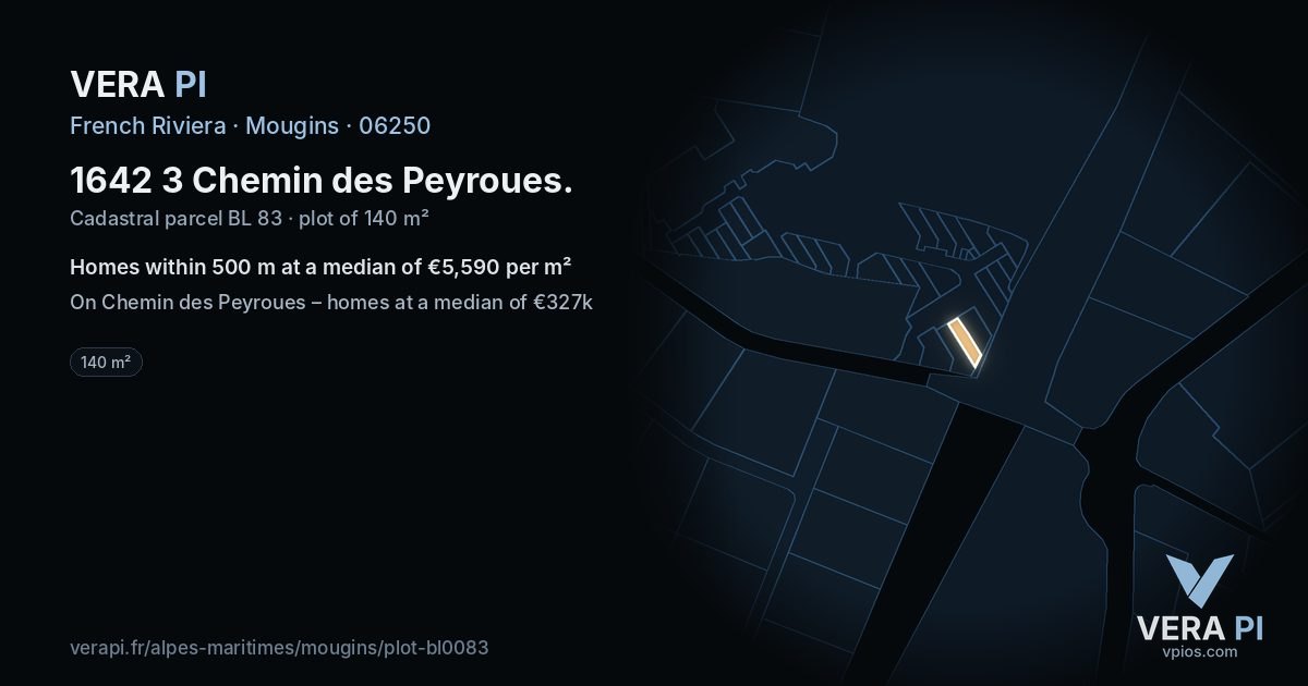 1642 3 Chemin des Peyroues, Mougins at night – the plot lit, the parcels around coloured by the prices near them