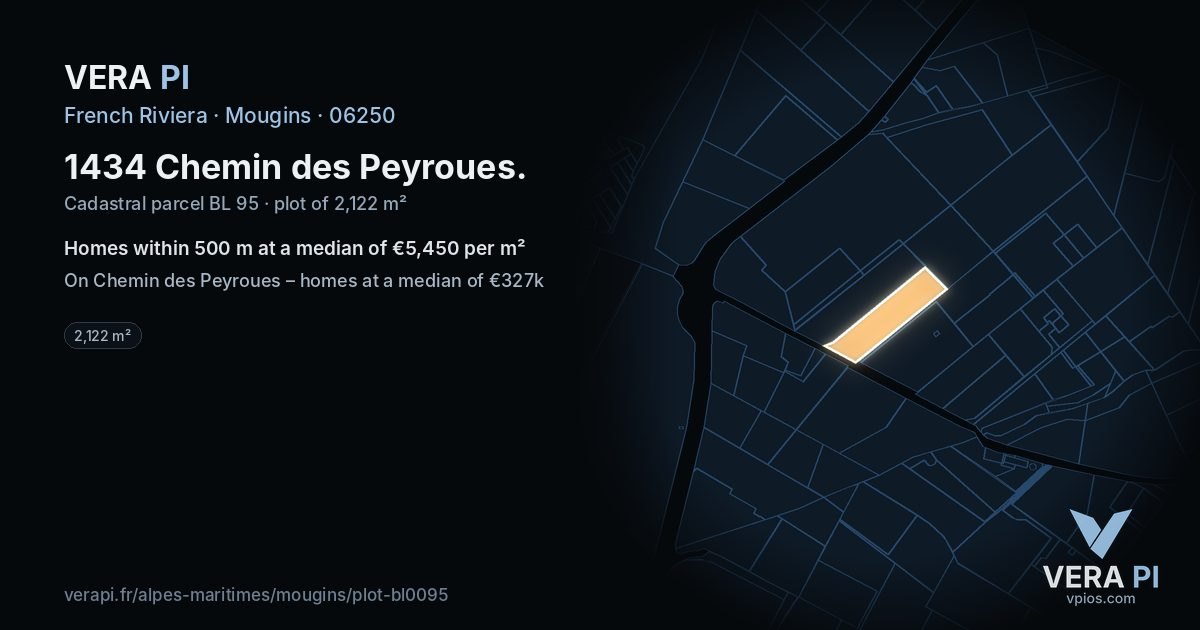1434 Chemin des Peyroues, Mougins at night – the plot lit, the parcels around coloured by the prices near them