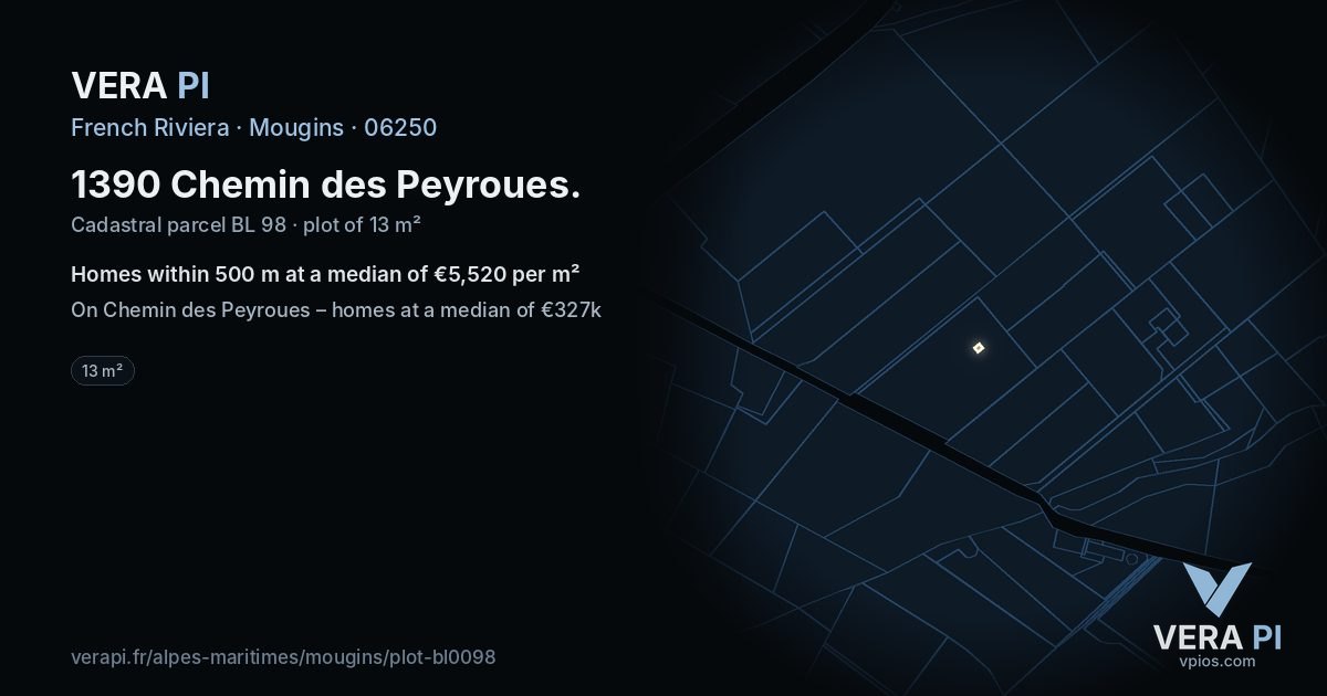1390 Chemin des Peyroues, Mougins at night – the plot lit, the parcels around coloured by the prices near them