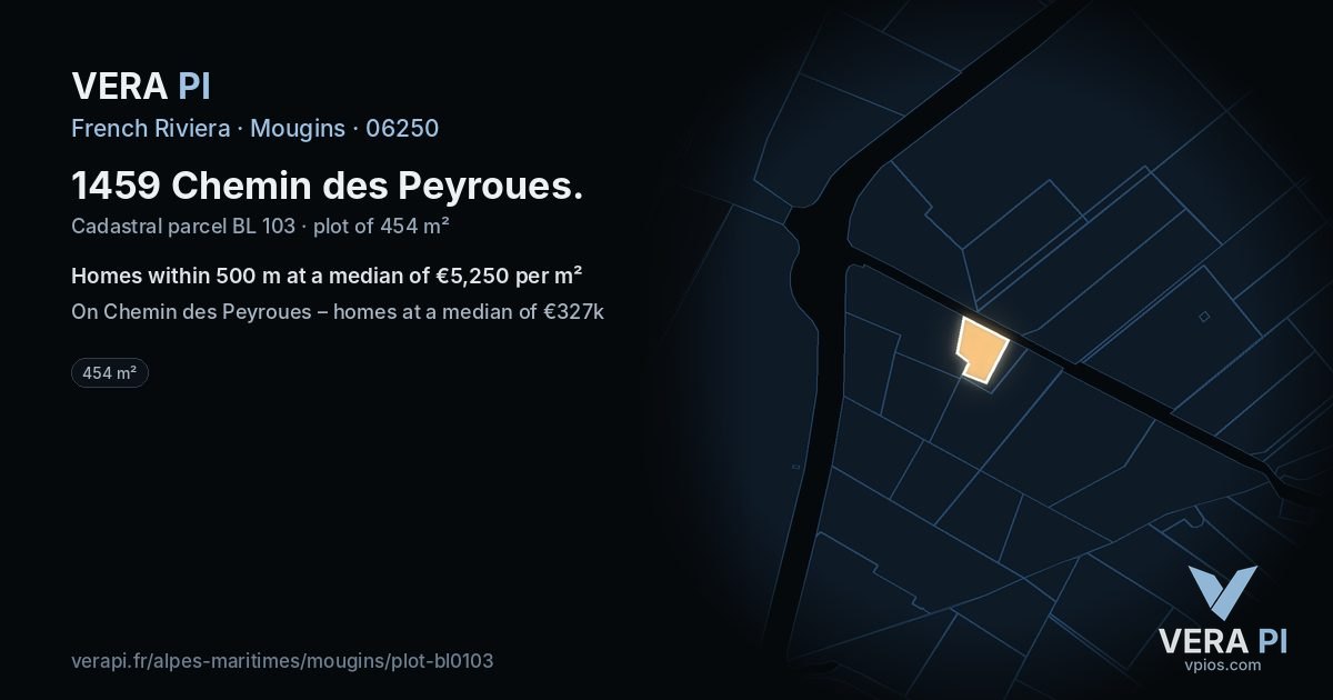 1459 Chemin des Peyroues, Mougins at night – the plot lit, the parcels around coloured by the prices near them