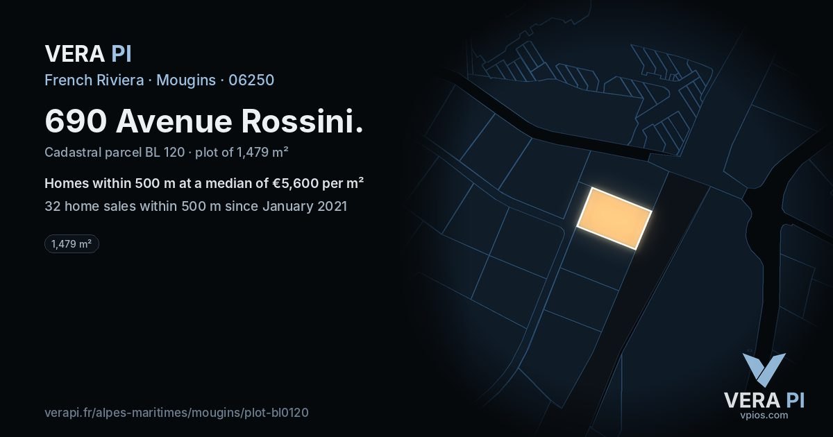 690 Avenue Rossini, Mougins at night – the plot lit, the parcels around coloured by the prices near them