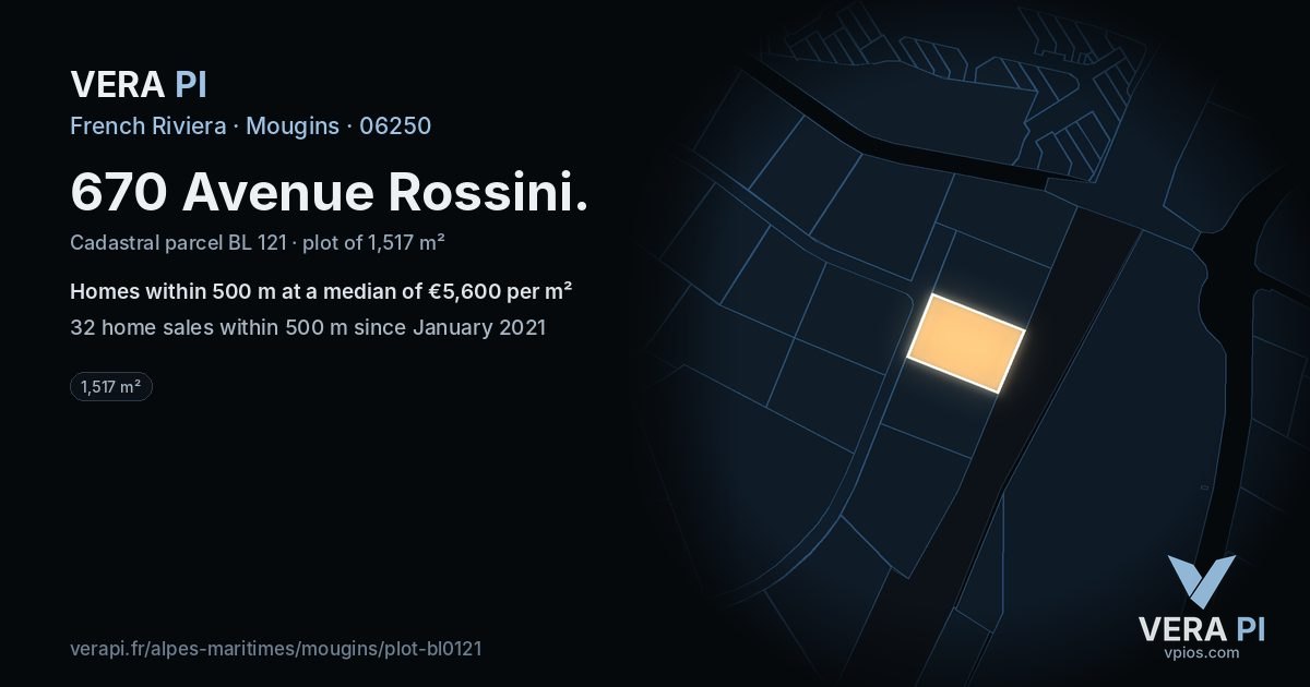 670 Avenue Rossini, Mougins at night – the plot lit, the parcels around coloured by the prices near them
