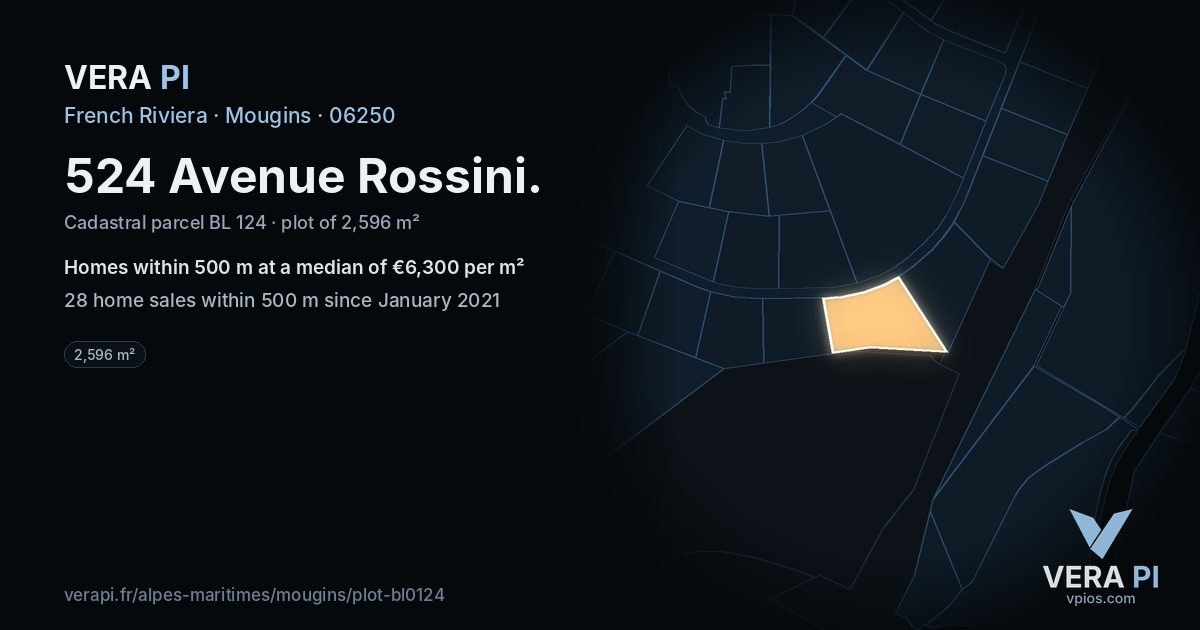 524 Avenue Rossini, Mougins at night – the plot lit, the parcels around coloured by the prices near them
