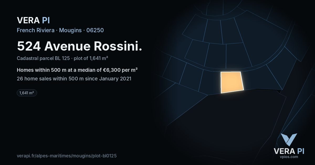 524 Avenue Rossini, Mougins at night – the plot lit, the parcels around coloured by the prices near them