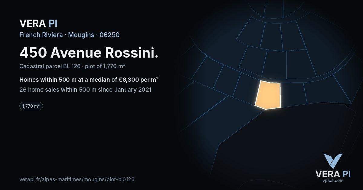 450 Avenue Rossini, Mougins at night – the plot lit, the parcels around coloured by the prices near them