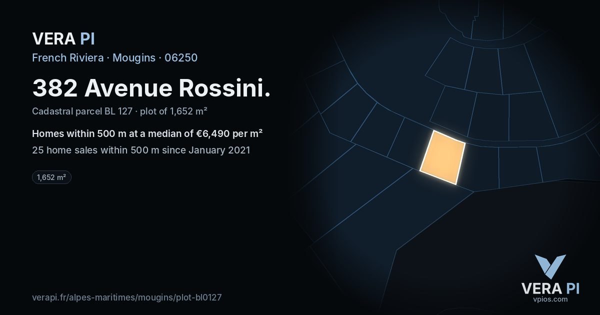 382 Avenue Rossini, Mougins at night – the plot lit, the parcels around coloured by the prices near them
