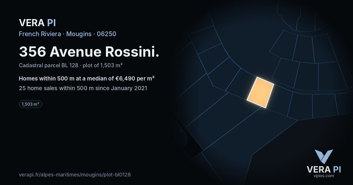 356 Avenue Rossini, Mougins at night – the plot lit, the parcels around coloured by the prices near them