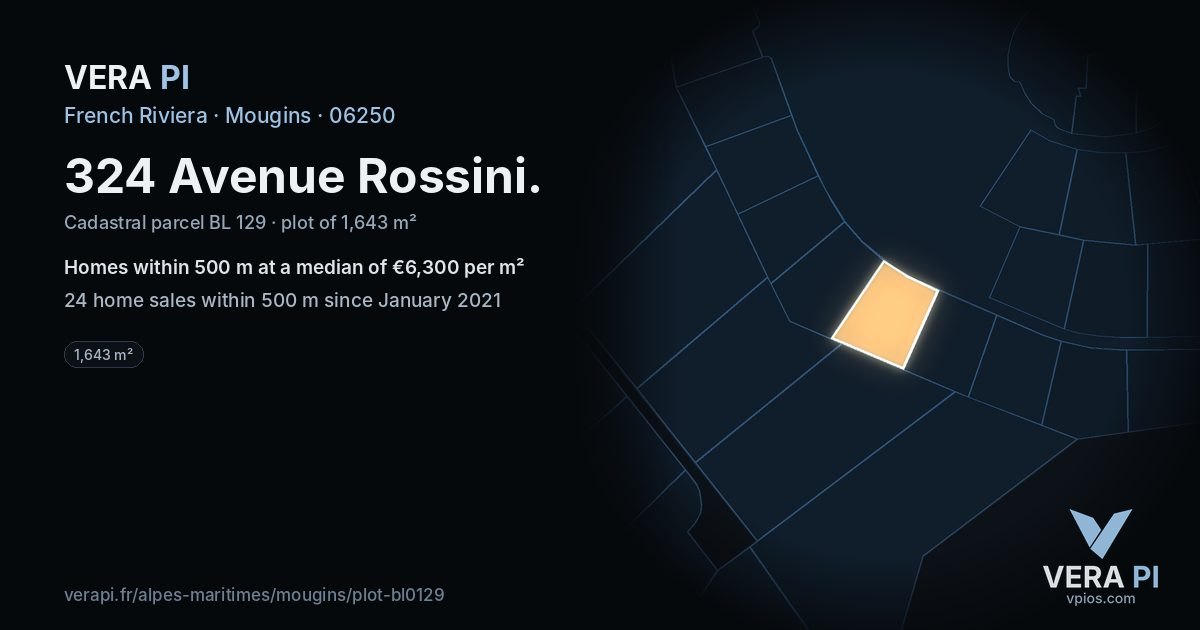 324 Avenue Rossini, Mougins at night – the plot lit, the parcels around coloured by the prices near them
