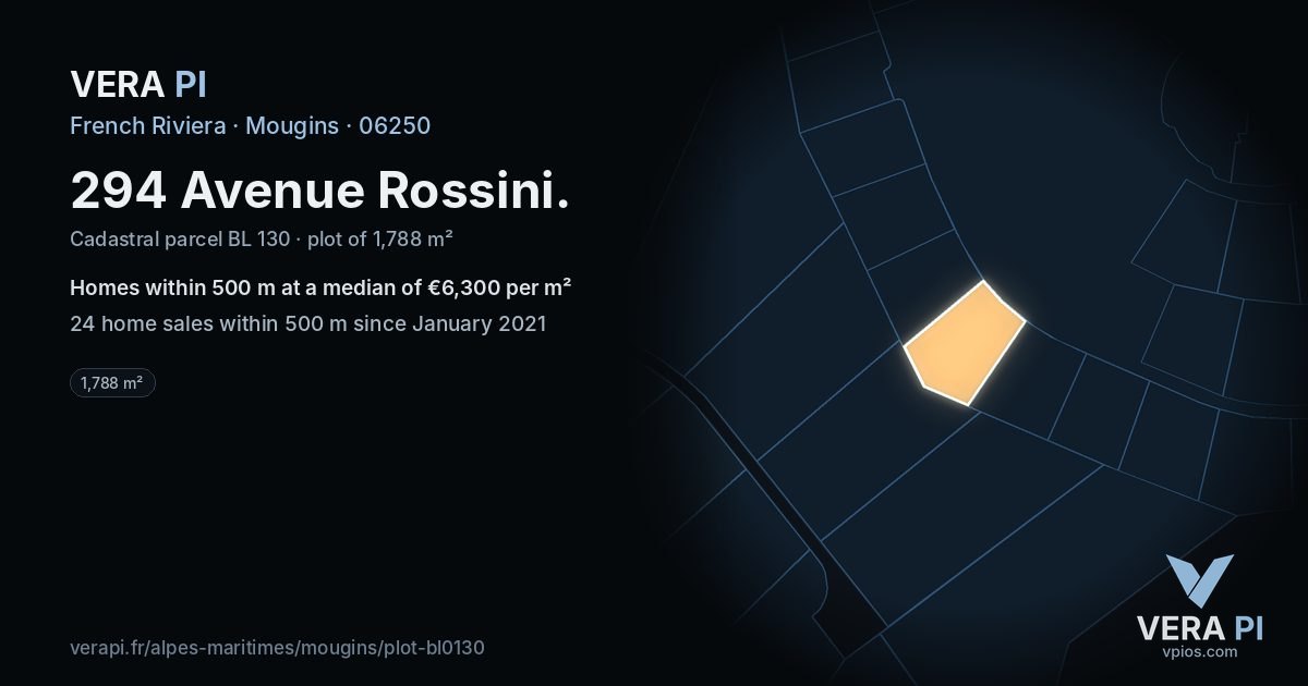 294 Avenue Rossini, Mougins at night – the plot lit, the parcels around coloured by the prices near them