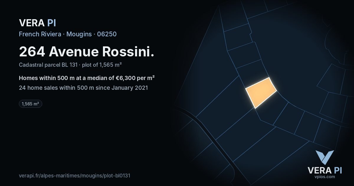 264 Avenue Rossini, Mougins at night – the plot lit, the parcels around coloured by the prices near them