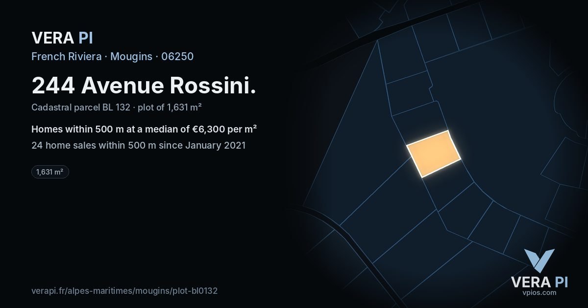 244 Avenue Rossini, Mougins at night – the plot lit, the parcels around coloured by the prices near them