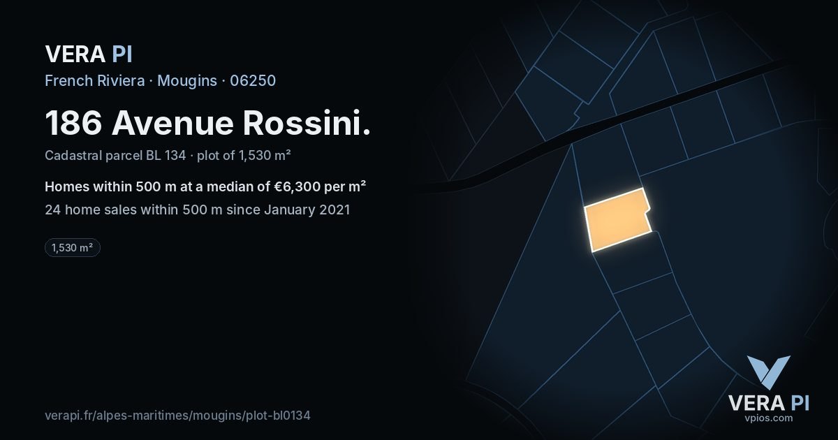 186 Avenue Rossini, Mougins at night – the plot lit, the parcels around coloured by the prices near them