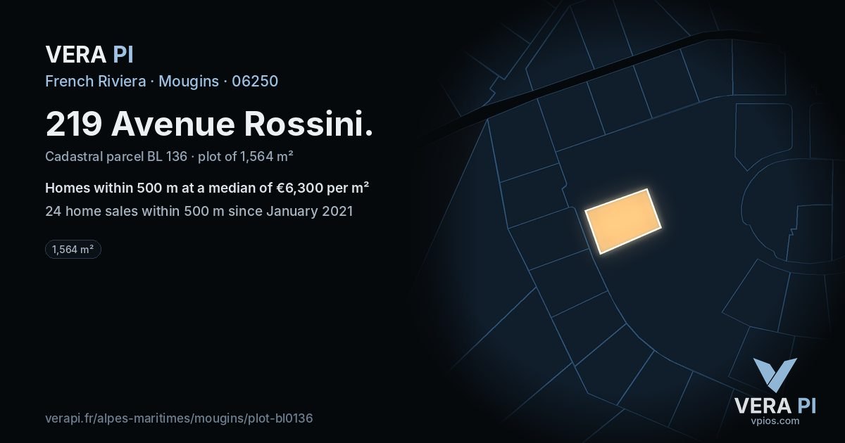 219 Avenue Rossini, Mougins at night – the plot lit, the parcels around coloured by the prices near them