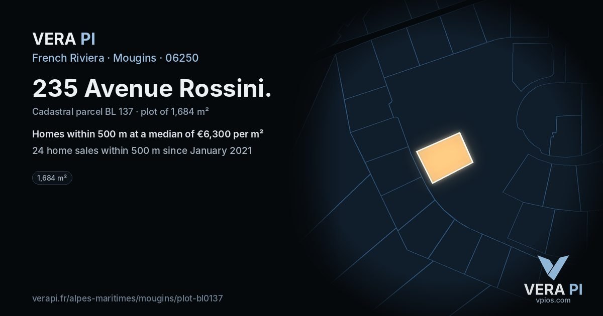 235 Avenue Rossini, Mougins at night – the plot lit, the parcels around coloured by the prices near them