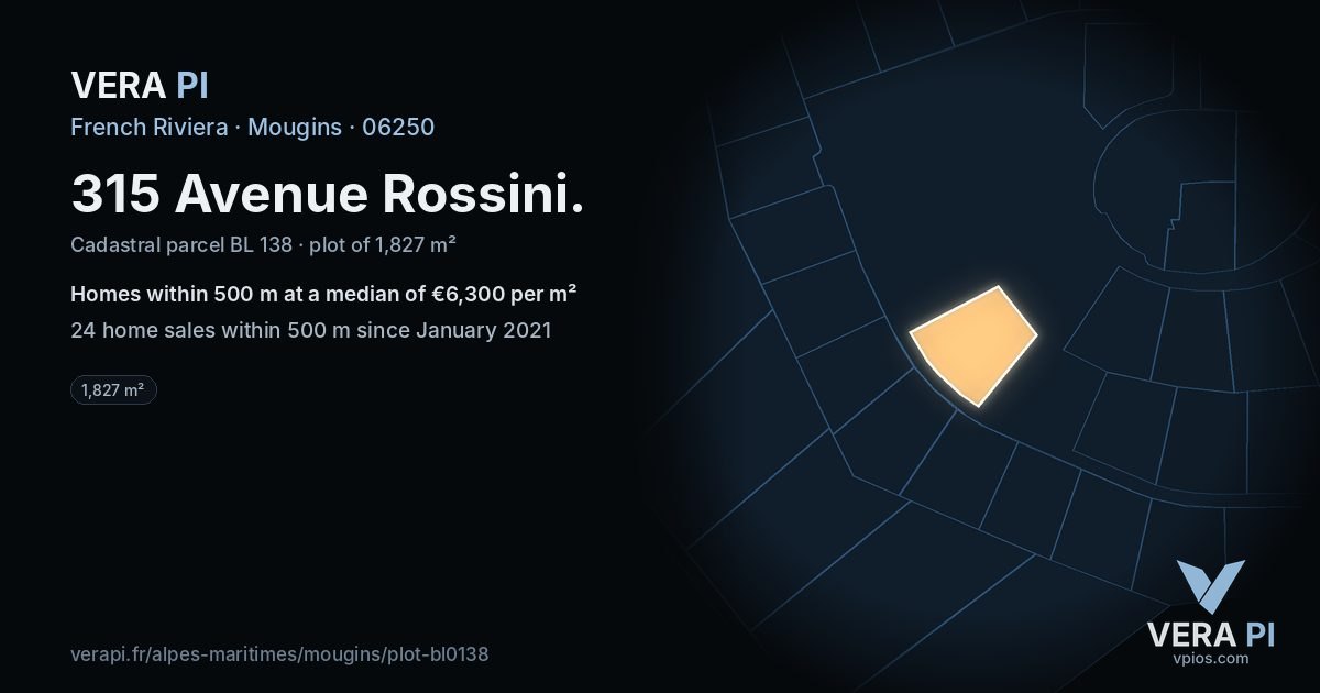 315 Avenue Rossini, Mougins at night – the plot lit, the parcels around coloured by the prices near them